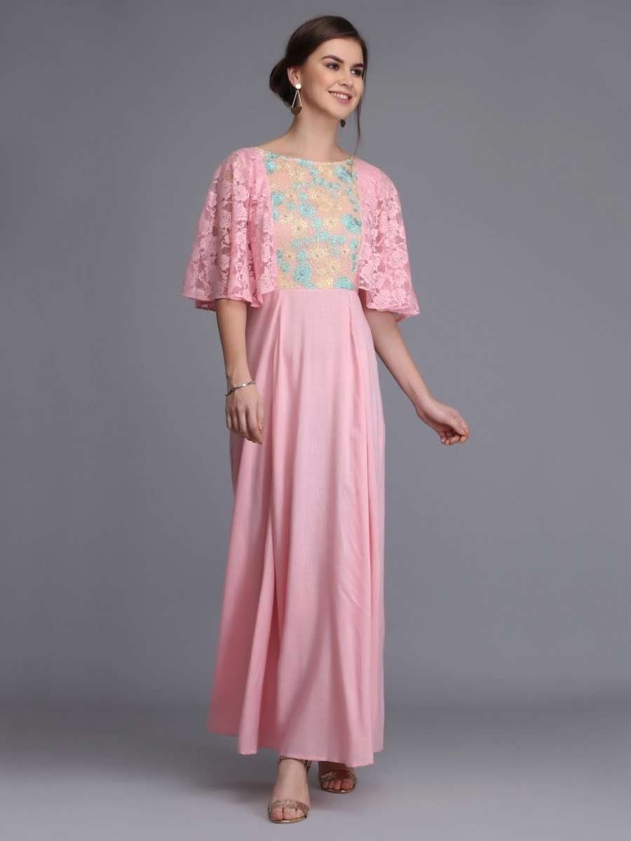 Buy Ojjasvi Pink Cape Maxi Dress online 