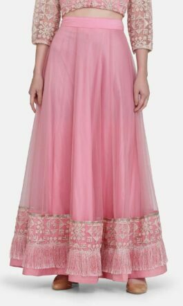 Ojjasvi Pink Embroidered Border Net Flared Long Skirt