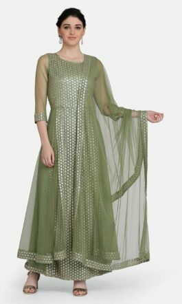 Ojjasvi Olive Embroidered Fusion Gown With Dupatta