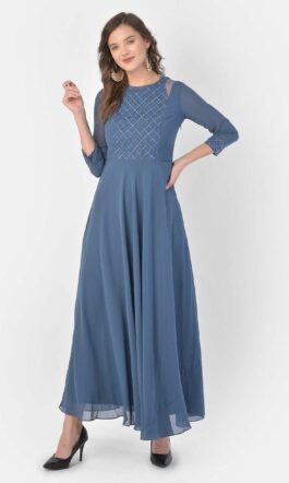 Ojjasvi Teal Blue Lace Detail Maxi Dress