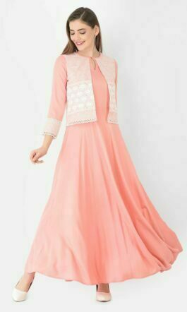 Ojjasvi Peach Maxi Dress with attached Embroidered Shrug